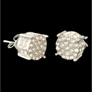 Iced Out 14k White Gold Plated Round Studs, 3D Pavé Earrings, Silver Tone, Gift